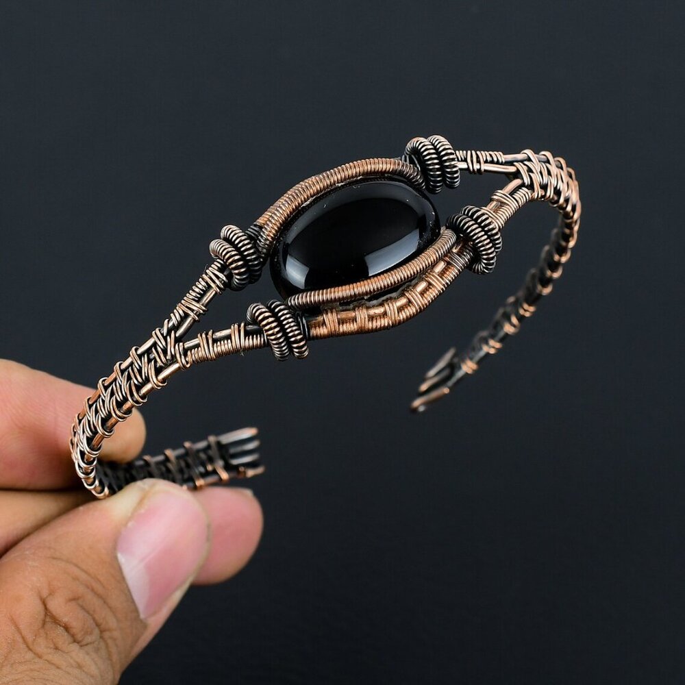 Copper Wire Wrapped Cuff Bracelet With a Black Onyx